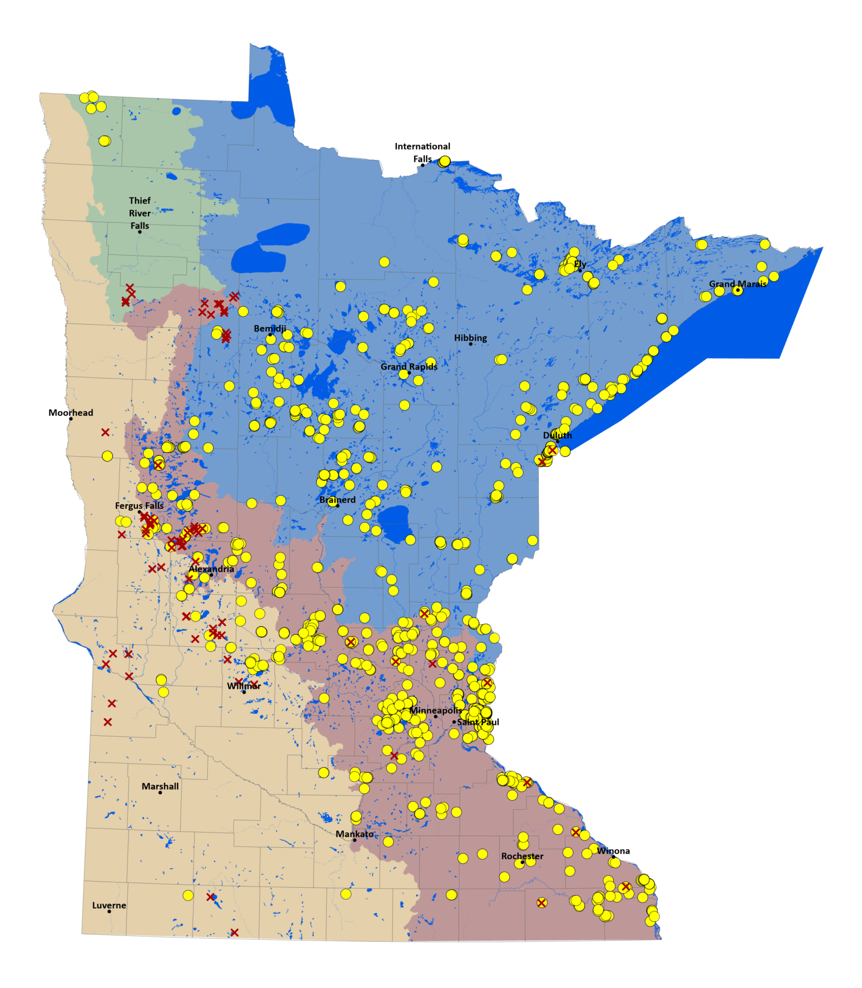 A map of Minnesota showing four eco-regions includes the over 700 Minnesota Land Trust protected and restored properties 