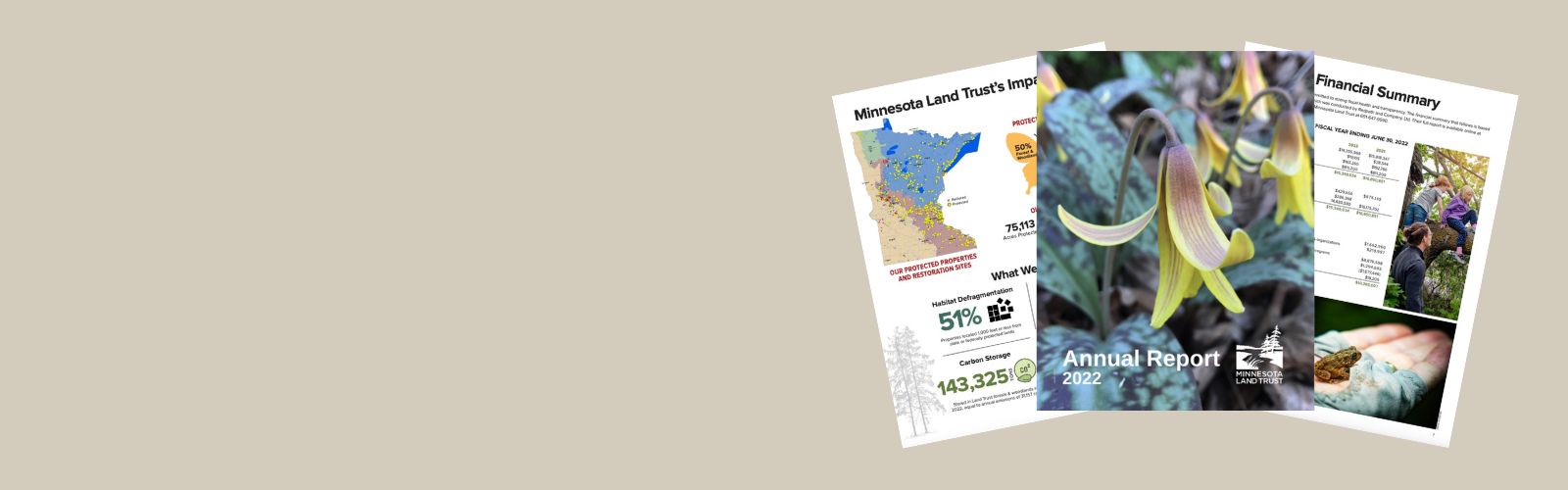 Three thumbnail previews of the Minnesota Land Trust 2022 Annual Report PDF
