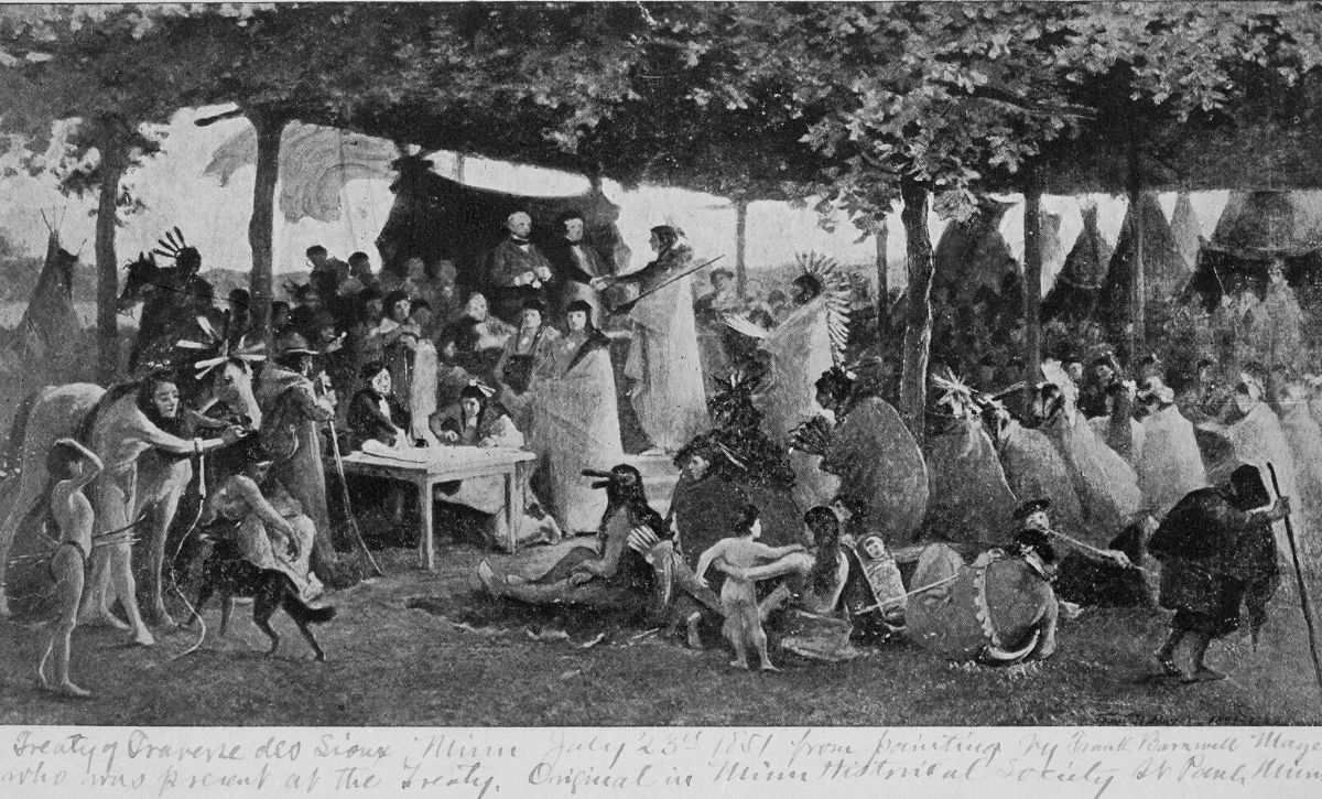 Black and white image of a painting depicting the signing of the Treaty of Traverse des Sioux