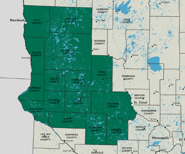 Map showing a portion of northwestern Minnesota with certain counties colored green