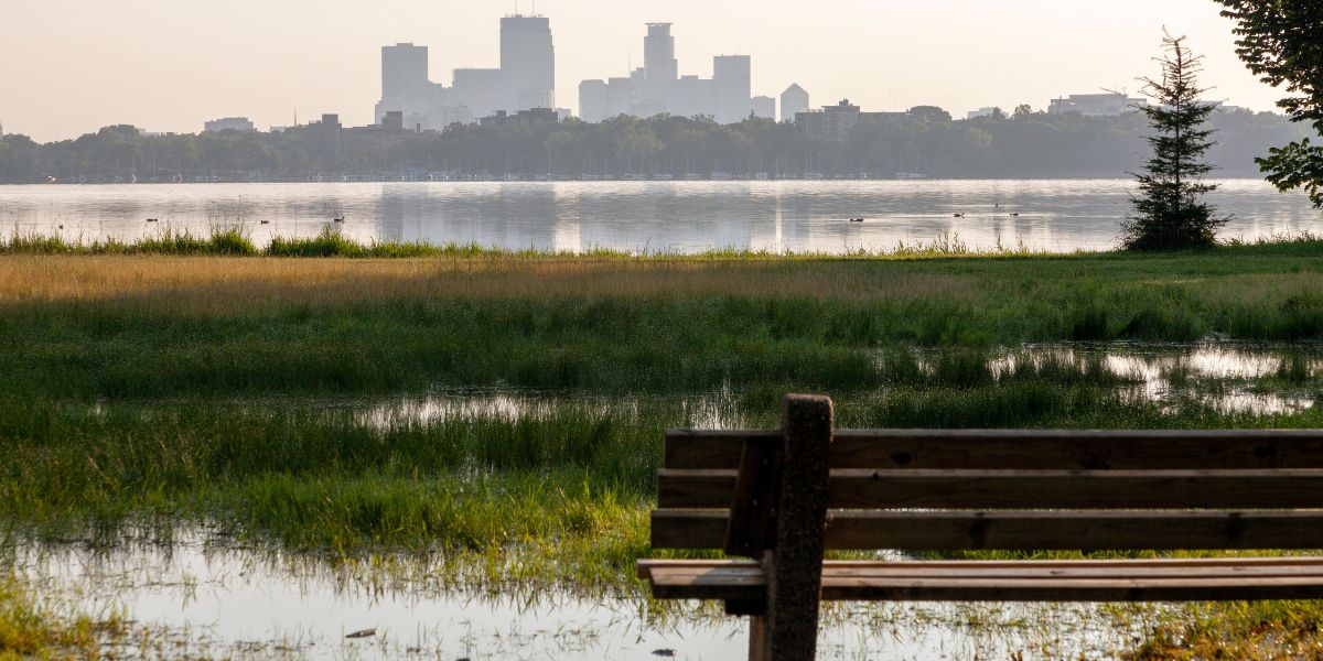 Wooden park bench overlooking flooded wetlands, a lake in the middle ground and the Minneapolis skyline in the background
