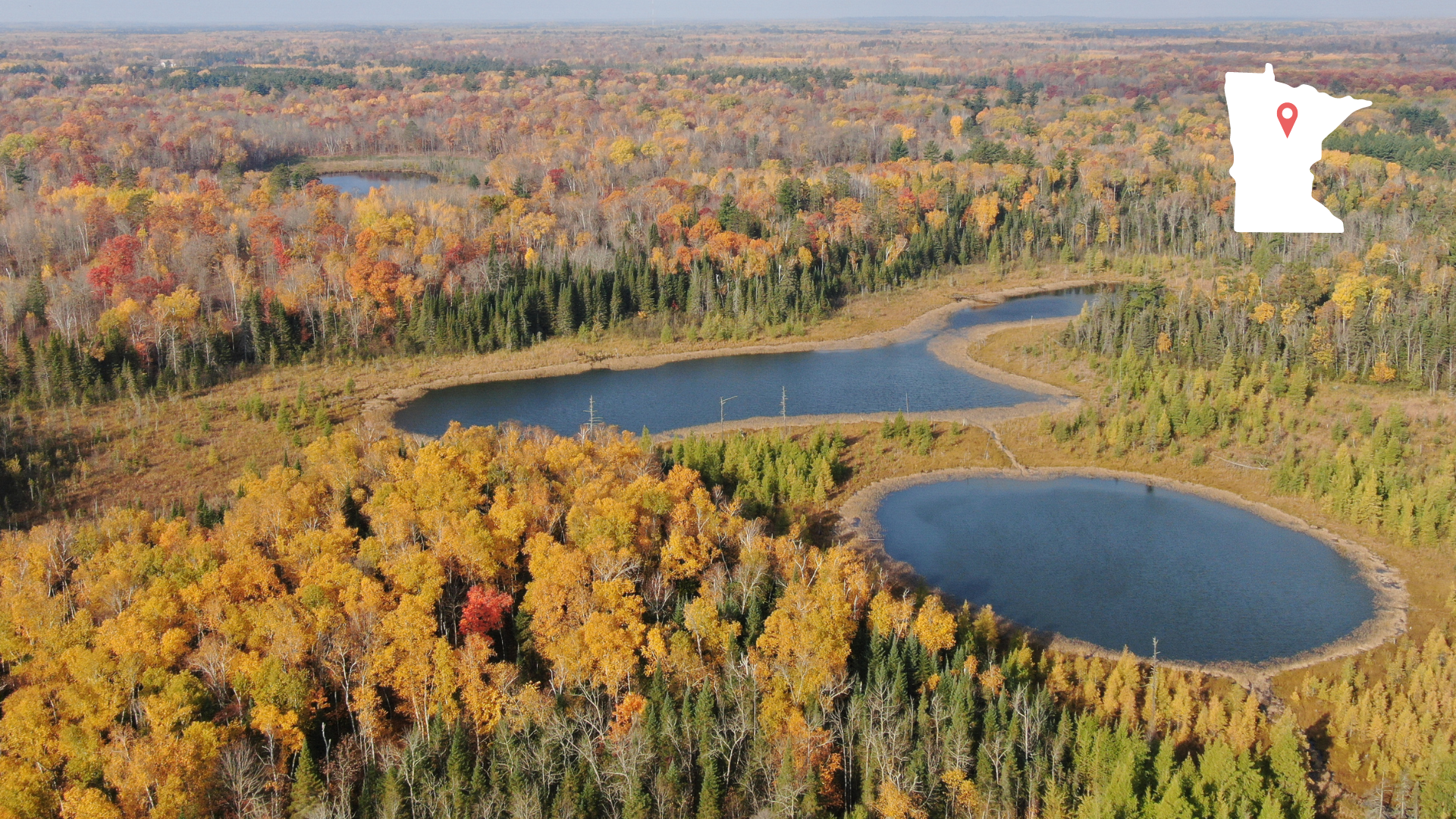 Aerial photo with trees in fall color and multiple lakes