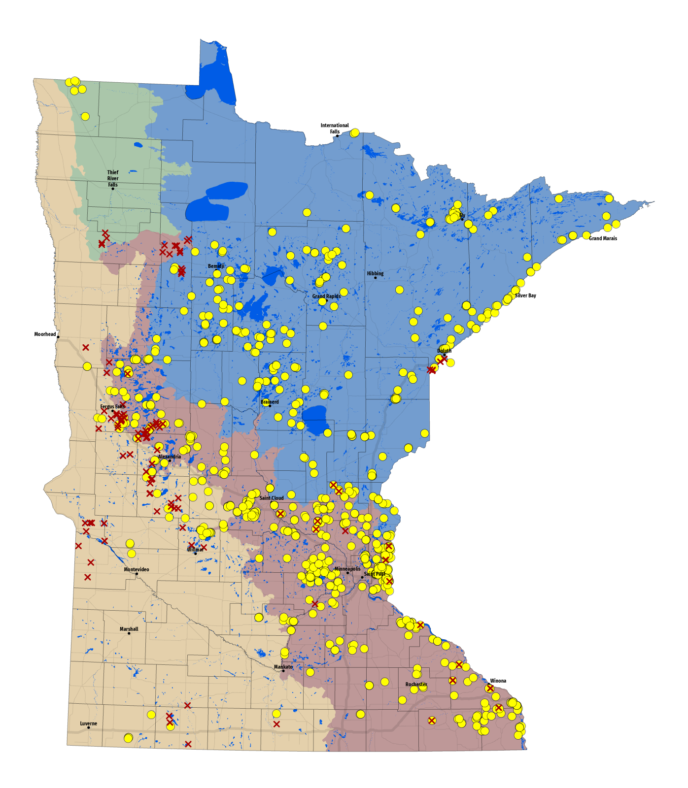 Minnesota map showing protected and restored properties