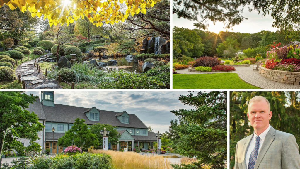 Scenic collage of the Minnesota Landscape Arboretum, featuring gardens in bloom, the Oswald Visitor Center, and Executive Director Andrew Gapinski.