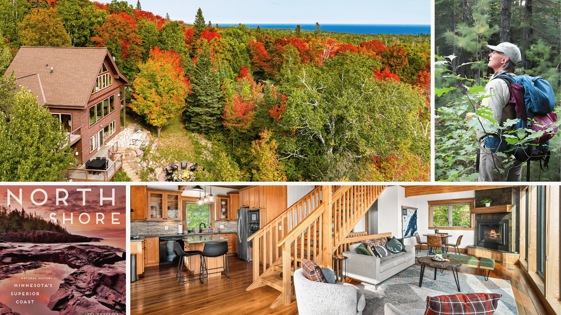 Scenic autumn view of a forested North Shore landscape and cabin near Lake Superior, Chel Anderson and her book, North Shore.