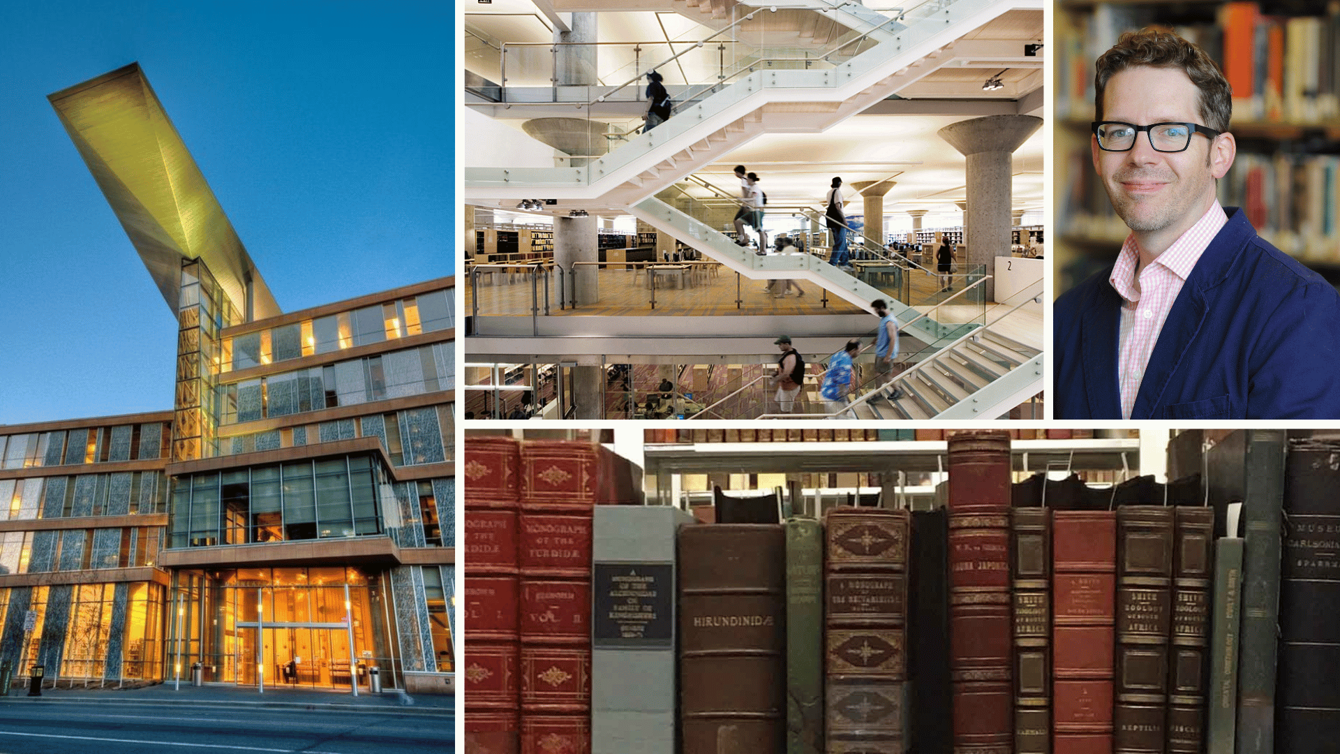 Exterior and interior views of the Minneapolis Central Library, including staircases and shelves of antique natural history books.