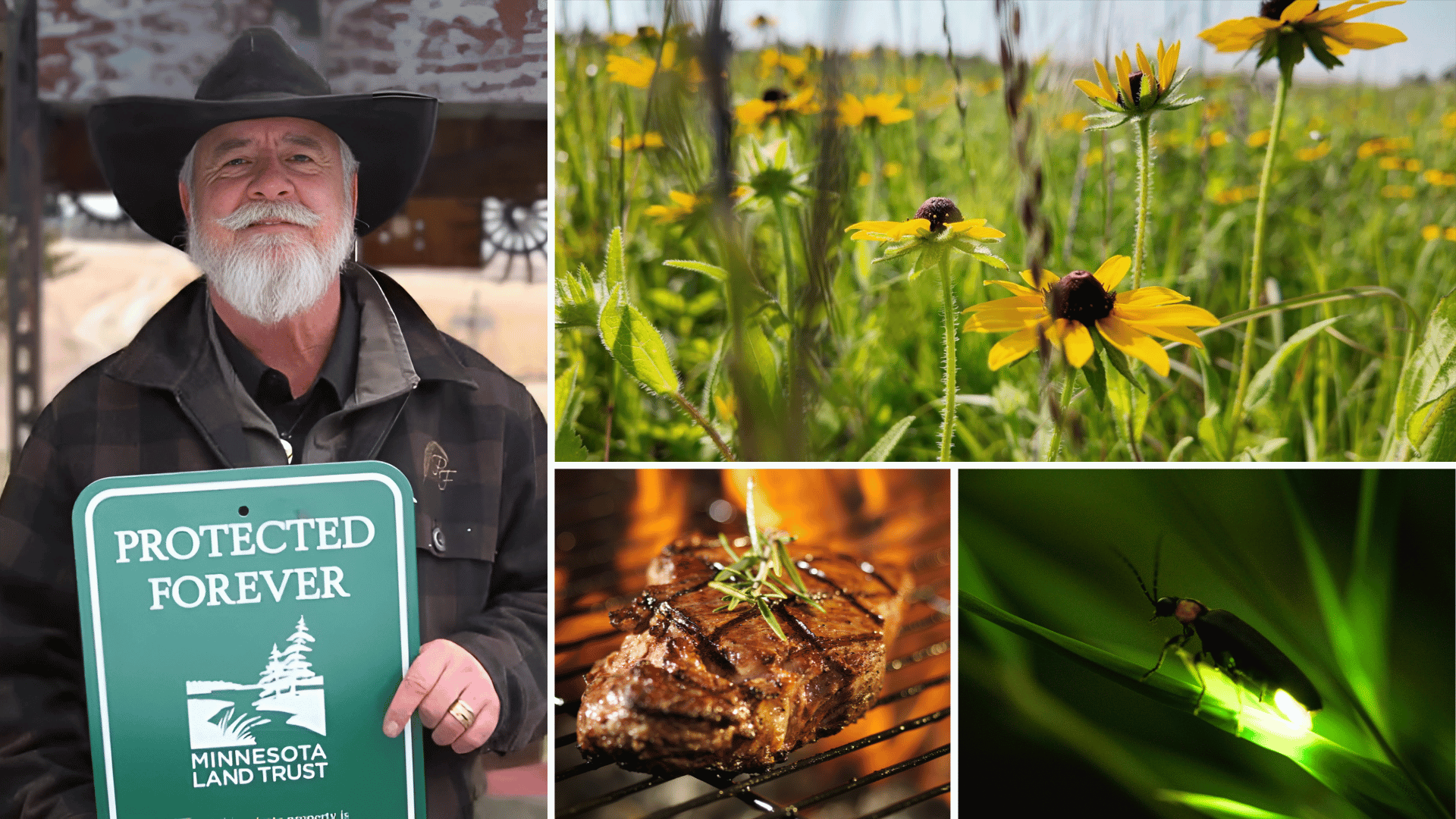 Collage showing Scott Rall holding a “Protected Forever” sign, blooming prairie wildflowers, grilled steak, and a glowing firefly in tall grass.